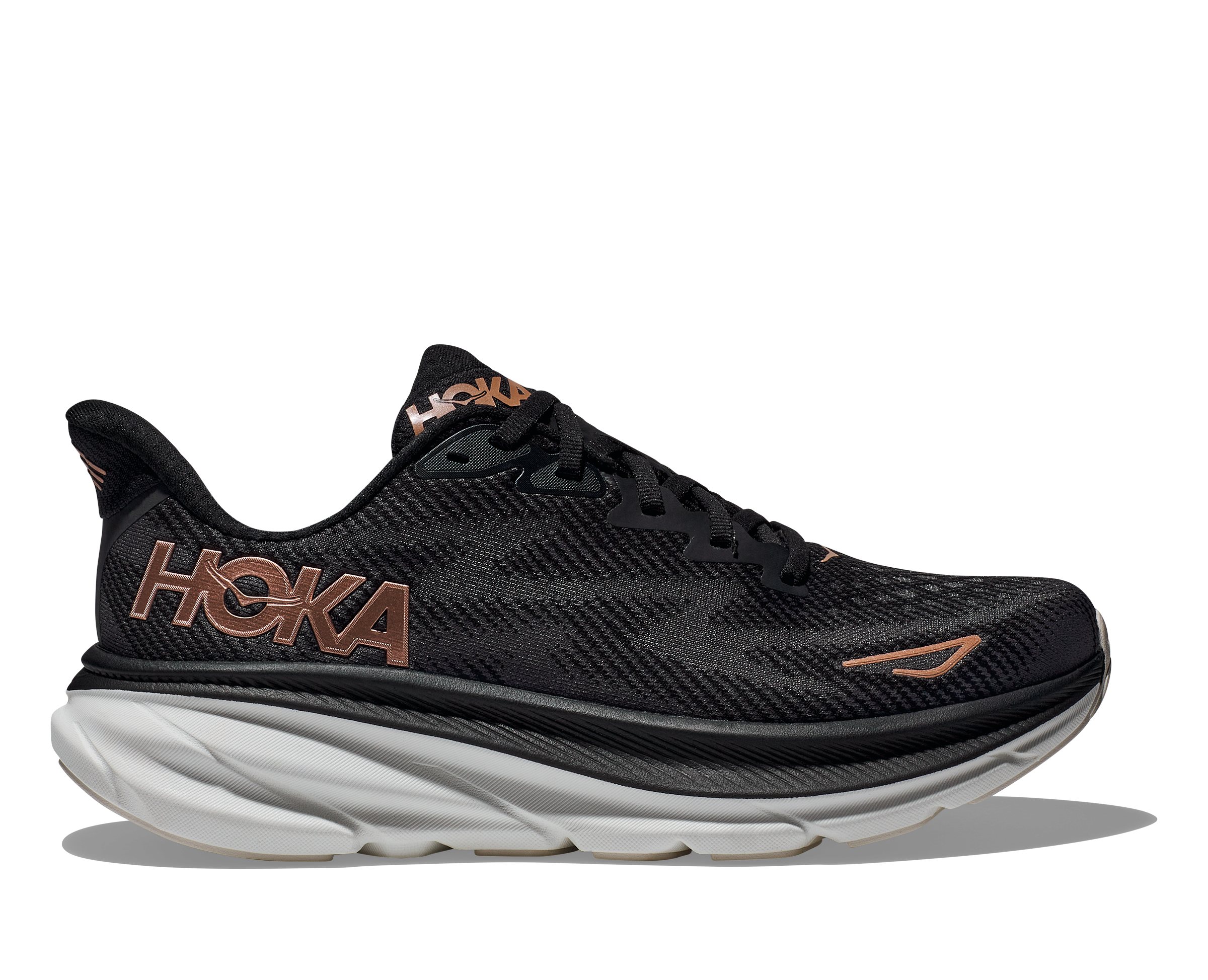 Women's Hoka Clifton 9 Color: Black / Rose Gold (WIDE WIDTH)