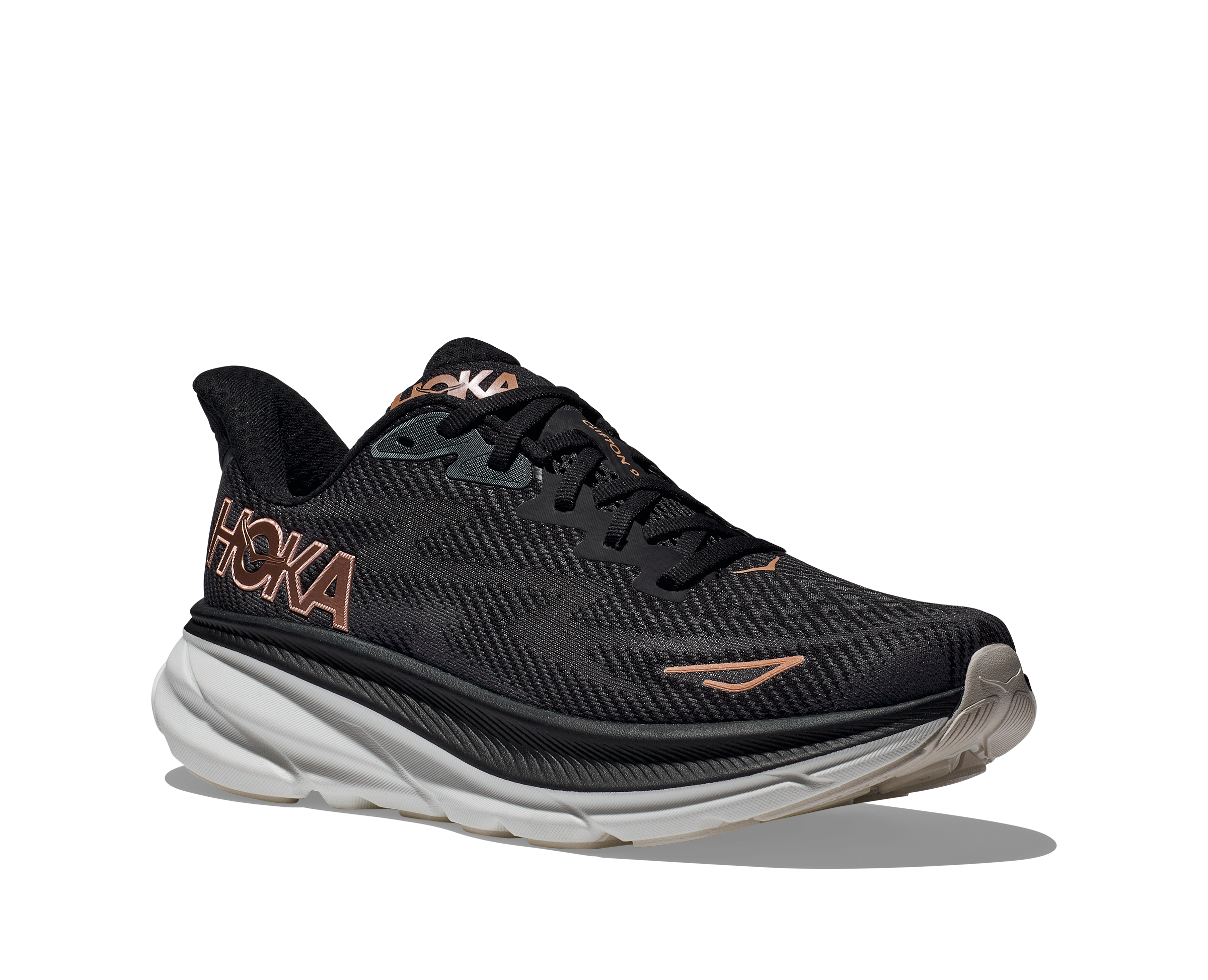 Women's Hoka Clifton 9 Color: Black / Rose Gold (WIDE WIDTH)